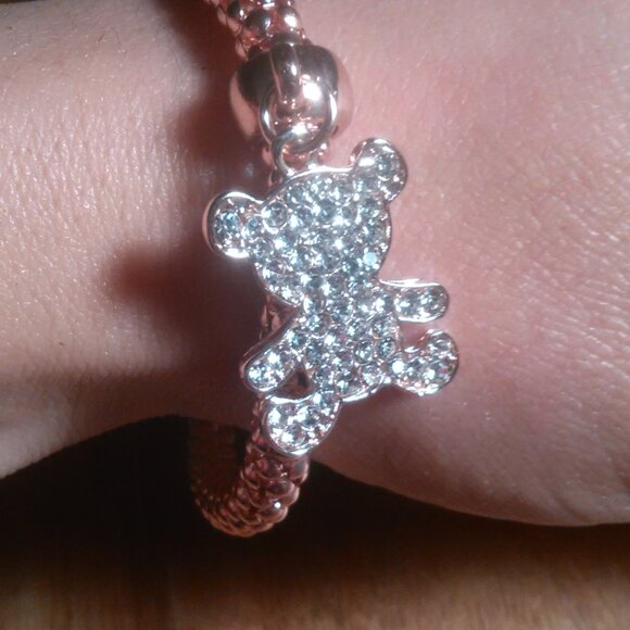 White Austrian Crystal Teddy Bear Charm Rosetone Stretch Bracelet - Picture 7 of 9